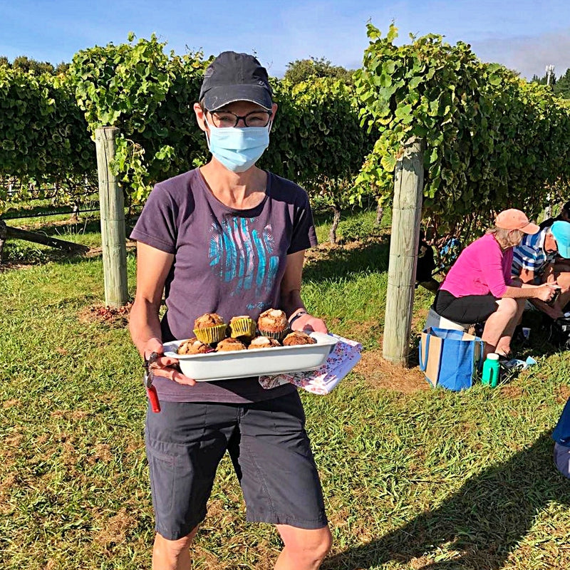 Ursula Schwarzenbach with a tray of muffins out in the vineyard.  She is wearing shorts, t-shirt and a facemask.  On the right side some pickers are having their morning tea. The sky is blue. 