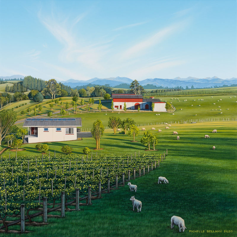 Oil painting titled "Spring at Blackenbrook's" by Michelle Bellamy showing the view from the top of the vineyard.  Next to the vineyard white sheep are grazing.  The family home and the winery are also in the painting.  In the background the Richmond Ranges and a deep blue sky with a long white cloud can be seen. 