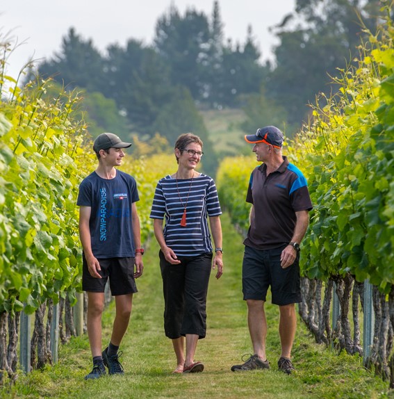 Owners Daniel and Ursula Schwarzenbach with son Thomas walking through their vineyard while chatting. The leaves are bright green and in the background there are some pine trees.