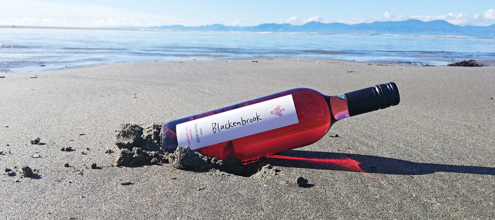 A bottle of Blackenbrook Rose on a sandy beach.  In the background is the blue sea, the Richmond Ranges and blue sky.