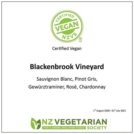 Vegan Certification for Blackenbrook Vineyard.  At the top there is the green vegan logo and at the bottom the logo of the certifying organisation NZ Vegetarian Society